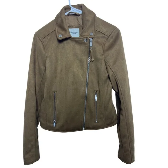 Abercrombie & Fitch Women Faux Suede  Zip Moto Biker Jacket Tan Brown M Edgy Chi - Picture 2 of 11